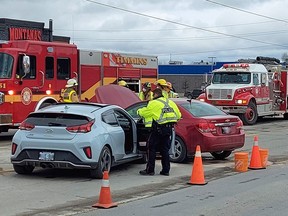 EMS, Timmins Fire and Timmins Police Service attend the scene of a two-car collision just west of the intersection at of Shirley Street and Riverside Drive. It was second of two collisions that snarled up traffic in the city's West End for much of Thursday.

Supplied