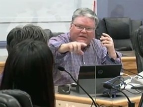 Coun. Andrew Marks makes a point while speaking with Dr. Louisa Marion-Bellmare and Dr. Julie Samson who made a presentation to Timmins council Tuesday, providing statistics and outlining challenges in efforts to address the ongoing opioid crisis.

Screenshot