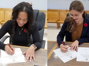 Timmins councillors Kristin Murray, left, and Michelle Boileau were sworn in Friday and each signed an Oath of Office after being appointed by council as the two newest members of the Timmins Police Services Board.

Supplied