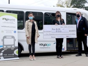 The Tillsonburg Multi-Service Centre, through a food security grant from Ontario Community Support Association, is supporting transit services for seniors and adults with disabilities through a contribution to Ride Norfolk and T:GO Transportation. From left are Norfolk Mayor Kristal Chopp, Kathryn Leatherland, Executive Director of the MSC, and Tillsonburg Mayor Stephen Molnar at a cheque presenation last Thursday. (Chris Abbott/Norfolk and Tillsonburg News)