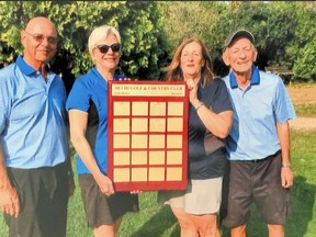 The Delhi Golf and Country Club held its annual Ryder and Solheim Cup competitions in September. From left, in-town captain Ron VanLeuvenhage, and out-of-town captain Melanie Ruel accept their plaque from ladies organizer Patsy Hoto and men's tournament chair Con Butcher. Submitted