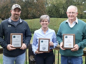 The Delhi & District Chamber of Commerce recognized three local businesses with awards on Oct. 15. Accepting the Longstanding Businesses awards is Jeremy Dekoninck from R. Dekoninck Masonry, and Michele Docker from Andy's Drive-In. Accepting the 2020 Business of the Year Award is Ben De Cloet from De Cloet Greenouse Manufacturing. Ashley Taylor/Postmedia Network