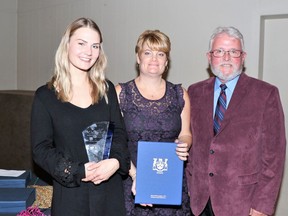 Eleena DeBaker (left) executive director of the Wallaceburg Chamber of Commerce, Jill Misselbrook and Joe Mares posed during an award presentation at the 2018 Wallaceburg Business and Community Excellence Award Gala. File photo/Courier Press