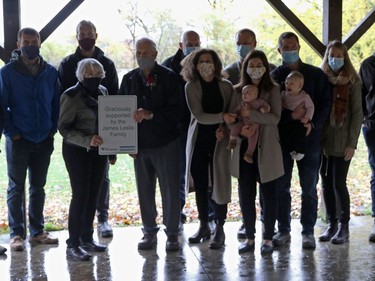The Leslie family were recognized in Woodstock, Ont. at the pavilion in Roth Park on Wednesday October 21, 2020 for a significant financial contribution that helped build the walkway between the south and north shores on the Pittock Dam. Greg Colgan/Woodstock Sentinel-Review/Postmedia Network