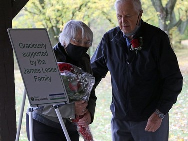 Dorothy and Jim Leslie were recognized in Woodstock, Ont. at the pavilion in Roth Park on Wednesday October 21, 2020 for a significant financial contribution that helped build the walkway between the south and north shores on the Pittock Dam. Greg Colgan/Woodstock Sentinel-Review/Postmedia Network