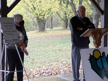 Dorothy and Jim Leslie were recognized in Woodstock, Ont. at the pavilion in Roth Park on Wednesday October 21, 2020 for a significant financial contribution that helped build the walkway between the south and north shores on the Pittock Dam. Greg Colgan/Woodstock Sentinel-Review/Postmedia Network