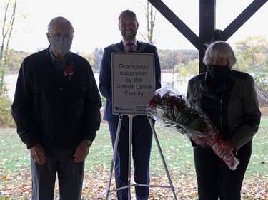 Dorothy and Jim Leslie were recognized in Woodstock, Ont. at the pavilion in Roth Park on Wednesday October 21, 2020 for a significant financial contribution that helped build the walkway between the south and north shores on the Pittock Dam. Greg Colgan/Woodstock Sentinel-Review/Postmedia Network