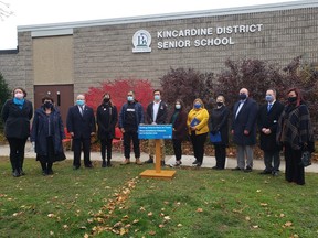 Huron-Bruce MPP Lisa Thompson and several local leaders announced the provincial government is investing $26.4 million in a new senior school for over 880 students in Kincardine in front of the current Kincardine District Senior School Thursday morning. Photo supplied.

From left to right: Chrystel Murphy (home and school rep), Anne Eadie (mayor of Kincardine),Mark Ozorio (principal KDSS), Jan Johnstone (chair BWDSB), Chandra Tripathi (chair of the KDSS school council) Jordan Beisel (KDSS student council), Lili Hawco (student senator), Lisa Thompson (MPP, Huron-Bruce), Lori Wilder (director of education, BWDSB), Mitch Twolan (warden of Bruce County), John Peevers (Bruce Power director of communications, media relations and economic development), Wendy Kolohon (superintendent of education)