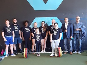 The Garage Gym Weightlifting team from Sarnia, Ont., placed fourth overall  in the Dotmar/Eleiko Club Challenge virtual competition Sept. 19, 2020. Team members are, front row, left: Mikaylie Robinson and Joshua MacLachlan. Back row: Declan Watson, Jon Young, Shosanna Rogan, Lyla D'Andrea, Marlow Robinson, coach Larry Robinson, official Kory MacKinnon and official Larry Yessie.(Contributed Photo)