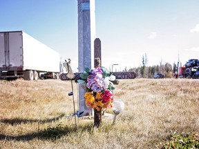 A memorial cross in honour of Clayton Crawford marks the area where he was killed. He was shot by RCMP officers at the Chickadee Creek rest stop in 2018. The officers are now facing manslaughter charges.
Brigette Moore