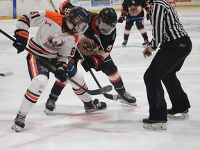 Photo courtesy NOJHL.com

Soo Thunderbirds centre Cooper Smyl (left) battles for the puck with Blind River's Lucas Adams in NOJHL exhibition action on Saturday at Blind River Community Centre.