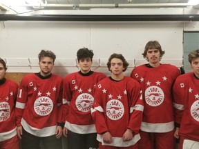 Photo provided
The group of Soo Jr. Greyhounds returning players includes, from left: Michael Beltrano, Kolby Fellinger, Adam Barone, Calem Mangone, Stephen Pszeniczny and Noah Metivier