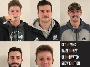 Nipissing Lakers volleyball players, top row, Thomas Wrigley, Francois Pellerin, Patrick Hebert and, bottom row, Liam Ludlow and Curtis MacPherson, show off their Movember moustaches from last year. The current crop of Lakers are again participating in Movember.
Submitted Photo