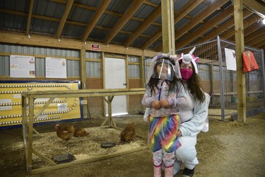 Elysia McKay, age 6 and mom Renee Fredericks, dressed as unicorns, visited with the chickens at the “Boos in the Barn” Halloween celebration on Saturday. (Kathleen Saylors/Woodstock Sentinel-Review)