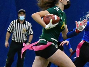 Chelsea Leduc, of Confederation Secondary School, in SDSSAA flag football action during the 2020-21 season.