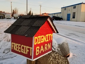 The Dignity Barn can be found outside of Elements The Compass of Health along 101 Avenue in Fairview, Alta.