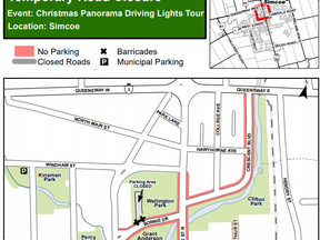 A map of the area surrounding Wellington Park shows the road closures expected for Panorama 2020. (NORFOLK COUNTY GRAPHIC)