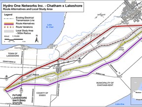 Hydro One's proposed transmission line from Chatham to Lakeshore now includes variations on the original route options. (Screenshot/Hydro One)