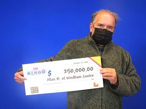 Allan Butler of Windham Centre won $250,000 on an Instant Bingo Multiplier ticket purchased in Simcoe. Handout
