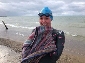 Olivia Duwyn swam a kilometre at Sauble Beach on Friday, October 30, 2020 as part of her fundraiser for local child and youth mental health services.