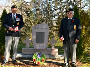 The Town of St. Marys is honouring local veterans and soldiers who gave their lives to protect their countries during two pandemic-friendly events -- the town's annual Veterans' Decoration Day at the St. Marys Cemetery this Saturday and a Remembrance Day ceremony at Town Hall on Nov. 11 that will be broadcast live on Facebook. Pictured, St. Marys Legion president Tom Jenkins and Poppy Campaign chair Owen Merchant stand at the Veterans' Memorial at the St. Marys Cemetery. Galen Simmons/The Beacon Herald/Postmedia Network