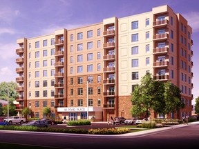 This is an artist’s conception of an eight-storey, 67-unit apartment building proposed for Sydenham Street in downtown Simcoe across from the former LCBO. If built, the building will be known as Pond Place. – Contributed graphic