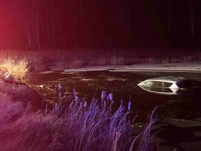 An SUV ended up in a pond near Noelville on Tuesday night after its driver swerved to avoid a moose.