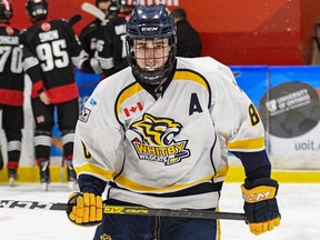 Whitby Wildcats defenceman Nolan Collins plays against the Ajax Pickering Raiders at Iroquois Park Sports Complex in Whitby, Ontario on Wednesday, February 26, 2020. A Sudbury Wolves prospect, Collins has signed with the Wolves' OJHL affiliate, the Stouffville Spirit.