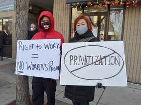 On Saturday, Oct. 31, protestors gathered along the sidewalk in front of the office belonging to UCP Fort Saskatchewan-Vegreville MLA Jackie Armstrong-Homeniuk to rally against recent cuts to healthcare and labour law changes. 

Photo courtesy Clarizze Truscott/Facebook