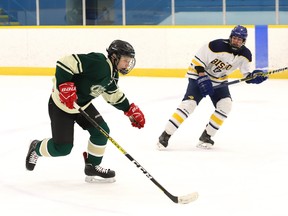 Clint Corbett, of the Confederation Chargers, flies out of his end during boys high school hockey action against Bishop Alexander Carter Golden Gators at the Raymond Plourde Arena in Val Caron, Ont. on Thursday December 19, 2019.