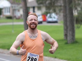 Samuel competes in a race while in treatment in 2019. He graduated from the Teen Challenge addiction recovery program in March 2020, after using opioids for about 10 years.