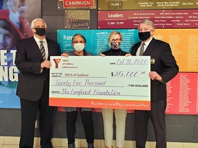 The Lougheed Foundation has donated $25,000 to the My Y is Resilient campaign in Sudbury. Pictured from left to right are Geoffrey Lougheed, Bela Ravi, YMCA board member, Helen Francis, president and CEO for the YMCA of Northeastern Ontario, and Gerry Lougheed.