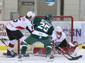 Manitoba native Carson Cherepak made 26 saves in Sunday’s 4-1 win over the Camrose Kodiaks at the Sherwood Park Arena. Photo courtesy Target Photography