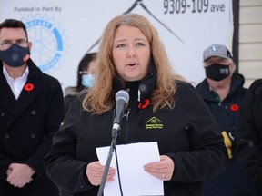 Tanya Wald, executive director of Sunrise House, during a funding announcement in front of Sunrise House in Grande Prairie, Alta. on Friday, Nov. 6, 2020.