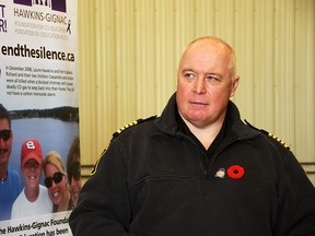 Chatham-Kent Fire Chief Chris Case speaks at a Carbon Monoxide Awareness Week event at fire station 12 on Nov. 3, 2020. (Tom Morrison/Chatham This Week)