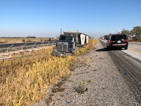 The cable wire that separates the east and west-bound lanes of Highway 401 in Chatham-Kent was damaged Sunday afternoon after a tractor trailer experienced a blow-out. OPP photo