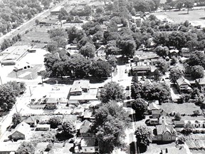 The intersection of Queen and Park Avenue in Chatham, in the mid 1950s, looking east. Mackey's Bakery was at the southeast junction of Queen and Park Avenue. John Rhodes photo