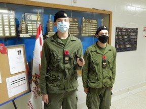 Army cadets Spencer Anderson (left) and Zander Carr (right) attend the first evening of training at the 2563 1st Hussars Royal Canadian Army Cadet Corps’ new home, the old South Plympton Public School, on Nov. 4. Carl Hnatyshyn/Sarnia This Week