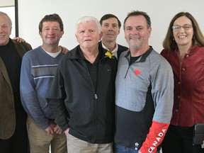 Dennis Fairall with former athletes at Fairall's Tillsonburg Favourite Son award ceremony in October 2016. (Chris Abbott/Norfolk and Tillsonburg News)