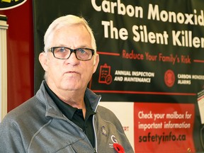 John Gignac, founder of the Hawkins-Gignac Foundation for CO Education, speaks during a Carbon Monoxide Awareness Week event at Chatham-Kent fire station 12 on Nov. 3, 2020. Having lost four family members to carbon monoxide poisoning, he spoke of the importance of having working CO detectors in homes and having appliances inspected annually. (Tom Morrison/Chatham This Week)