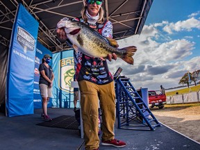 Seth Feider with a 9-9 largemouth bass that won him a brand new Toyota Tundra truck this weekend in Texas.