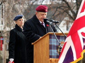Canadian Airborne Regiment veteran Gordon Cliche talks about the importance of Remembrance Day, Wednesday, at a service at the North Bay cenotaph.
PJ Wilson/The Nugget