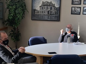 Portage la Prairie Mayor Irvine Ferris and Doctor Jim Price discuss the situation in Portage la Prairie. (Aaron Wilgosh/Postmedia)