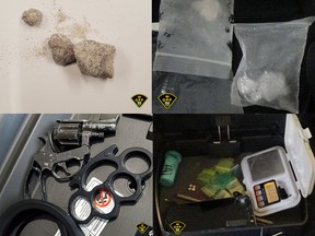 The Ontario Provincial Police (OPP) East Region Community Street Crime Unit (CSCU) seized a variety of illegal drugs including powdered fentanyl (top left), crystal meth (top right), a 22-calibre starter pistol (bottom left) and a digital scale after executing a search warrant at a Moffat Street residence on Friday, Oct. 30. OPP photos