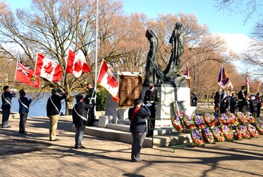 As most local residents watched from the safety of their homes, the City of Stratford and the Stratford Royal Canadian Legion Branch 8 held a scaled-back Remembrance Day ceremony at the Stratford Cenotaph Wednesday morning. Galen Simmons/The Beacon Herald/Postmedia Network