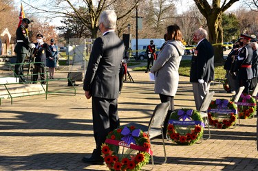 Local politicians and representatives from local veterans’, police and fire associations were the only people to lay wreaths at the foot of the Stratford Cenotaph during Wednesday’s Remembrance Day ceremony because of the ongoing COVID-19 pandemic. Galen Simmons/The Beacon Herald/Postmedia Network