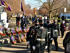 Members of the 4th Battalion Royal Canadian Regiment Army Reserve leave the Stratford Cenotaph after Wednesday’s Remembrance Day ceremony. Galen Simmons/The Beacon Herald/Postmedia Network