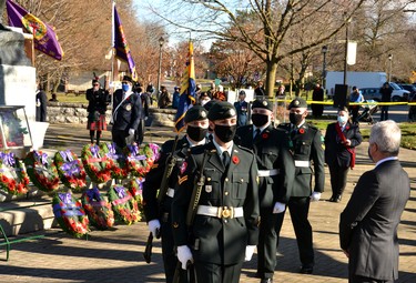 Members of the 4th Battalion Royal Canadian Regiment Army Reserve leave the Stratford Cenotaph after Wednesday’s Remembrance Day ceremony. Galen Simmons/The Beacon Herald/Postmedia Network