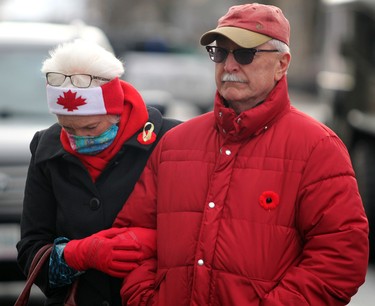 Remembrance Day service at cenotaph on Queen Street East in Sault Ste. Marie, Ont., on Wednesday, Nov. 11, 2020. (BRIAN KELLY/THE SAULT STAR/POSTMEDIA NETWORK)