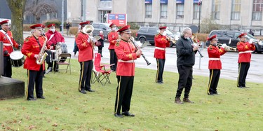 Remembrance Day service at cenotaph on Queen Street East in Sault Ste. Marie, Ont., on Wednesday, Nov. 11, 2020. Royal Canadian Legion Branch 25 Drum and Trumpet Band performs. (BRIAN KELLY/THE SAULT STAR/POSTMEDIA NETWORK)